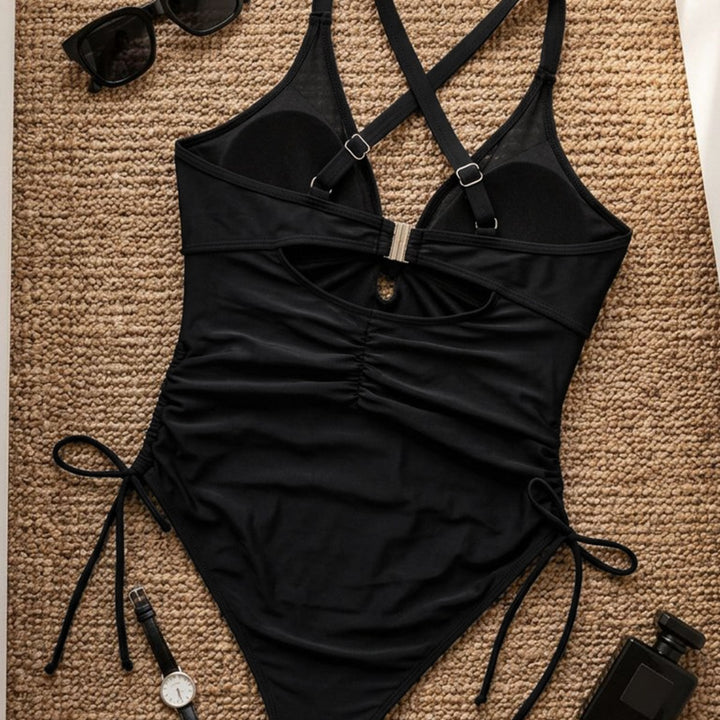 Ladies High-Cut Swimsuit with Mesh Insert and Ruching Mune Fashion