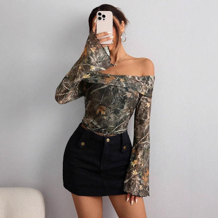 Women's off-the-shoulder long sleeve top with camouflage leaf pattern and flared sleeves Mune Fashion