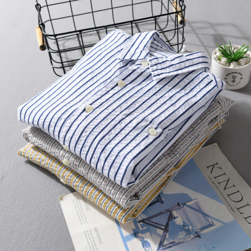 Men's Textured Stripe Shirt in Relaxed Fit made of Cotton-Linen Blend with Chest Pocket Mune Fashion
