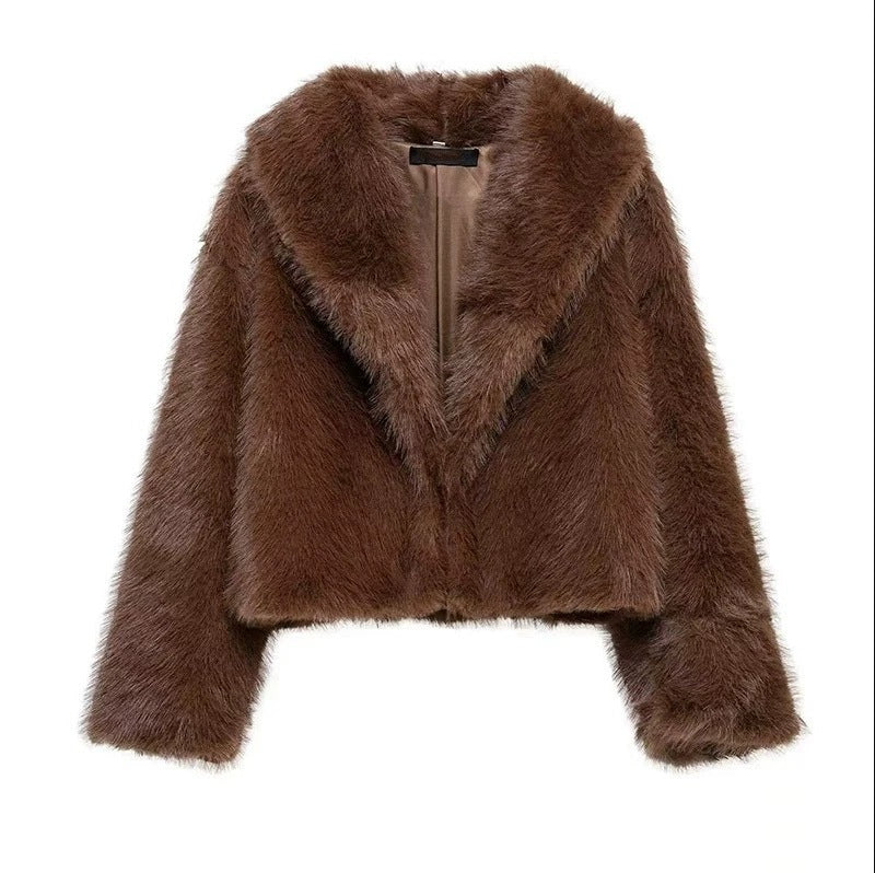 Women Short Cropped Faux Fur Blouson with Voluminous Shawl Collar and Soft Inner Lining Mune Fashion