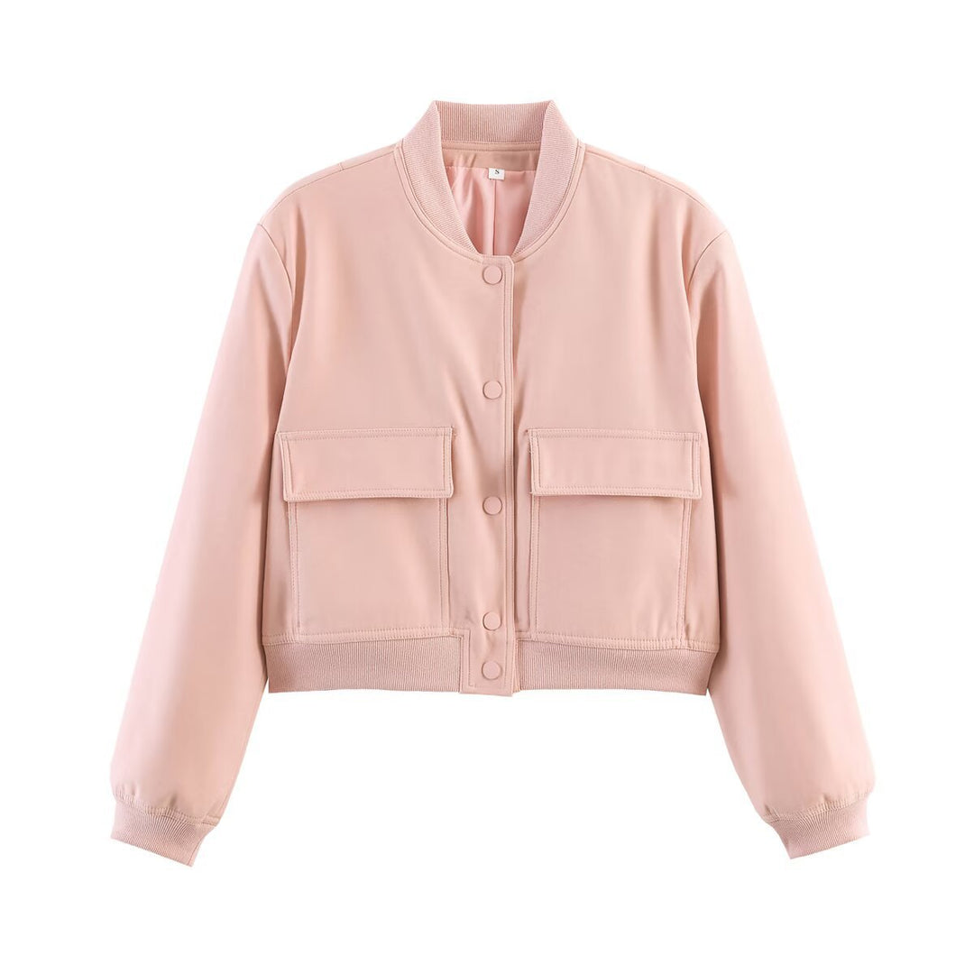 Women's short-cut bomber jacket with animal print, ribbed cuffs, patch pockets, and snap button closure Mune Fashion