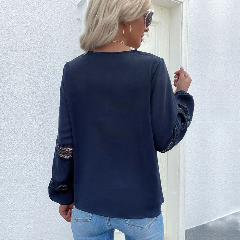 Ladies satin blouse with V-neck, decorative lace yoke and sleeves with lace insert Mune Fashion