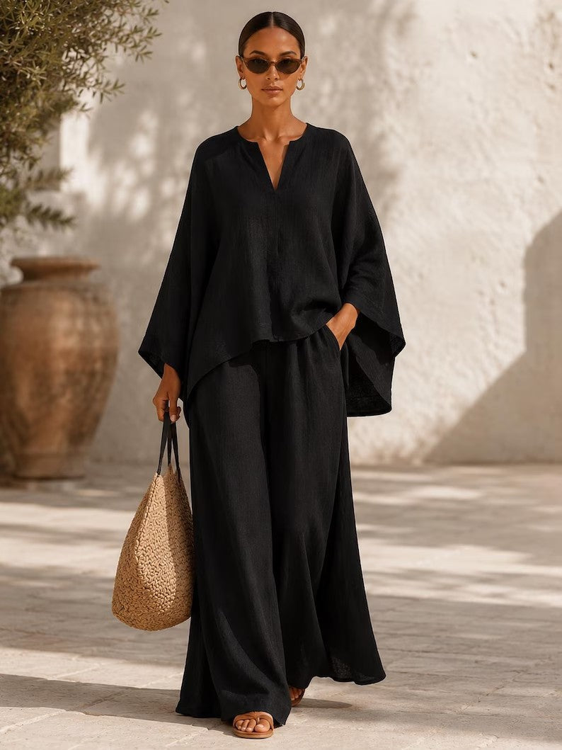 Women's Lightweight Linen-Blend Oversized Kaftan Top and Drawstring Wide-Leg Pants Set Mune Fashion