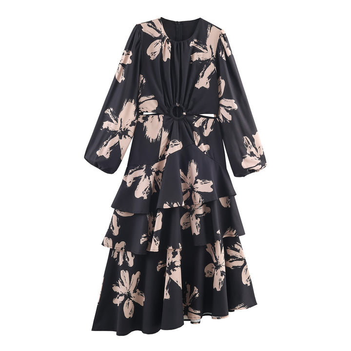 Ladies' midi dress with floral all-over pattern, waist cut-out and layered ruffles Mune Fashion