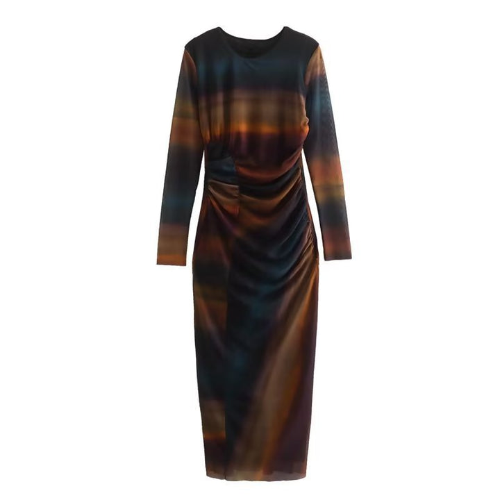 Women's Figure-Hugging Midi Dress with Side Draping and Round Neckline Mune Fashion
