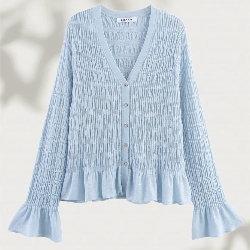 Women's gathered smock cardigan with V-neck and ruffle sleeves Mune Fashion