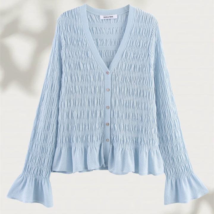 Women's gathered smock cardigan with V-neck and ruffle sleeves Mune Fashion