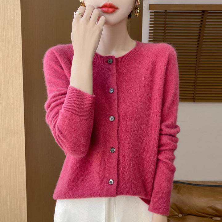 Ladies Cozy Short Cardigan made of Mohair Mix with fine virgin wool texture and mother-of-pearl button placket Mune Fashion