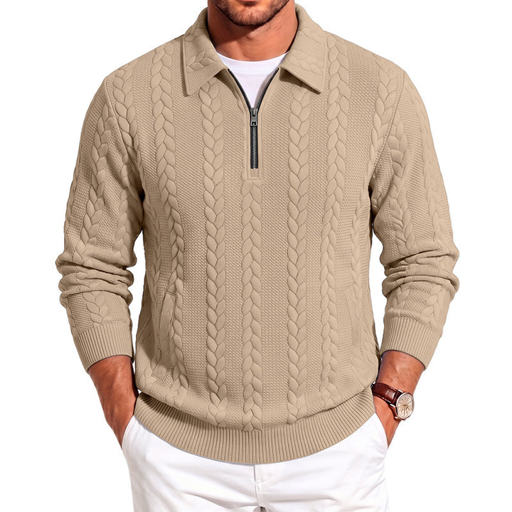 Men's polo collar knit sweater with cable structure and half zip Mune Fashion