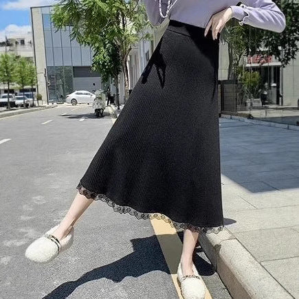 Ladies Long Knit Skirt with Delicate Lace Trim Mune Fashion