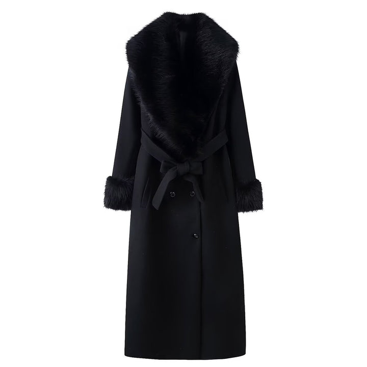 Women Elegant Wool Coat with Large Faux Fur Collar and Tie Belt Mune Fashion