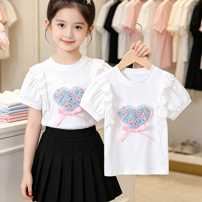 Girls T-Shirt with heart motif and ruffle details Mune Fashion