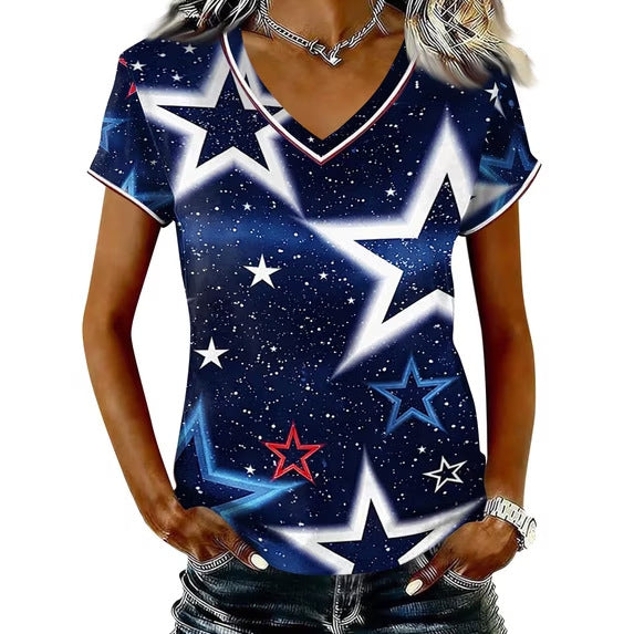 Women’s V-neck Retro Print T-shirt with Eagle Emblem and vintage-inspired Graphic Mune Fashion