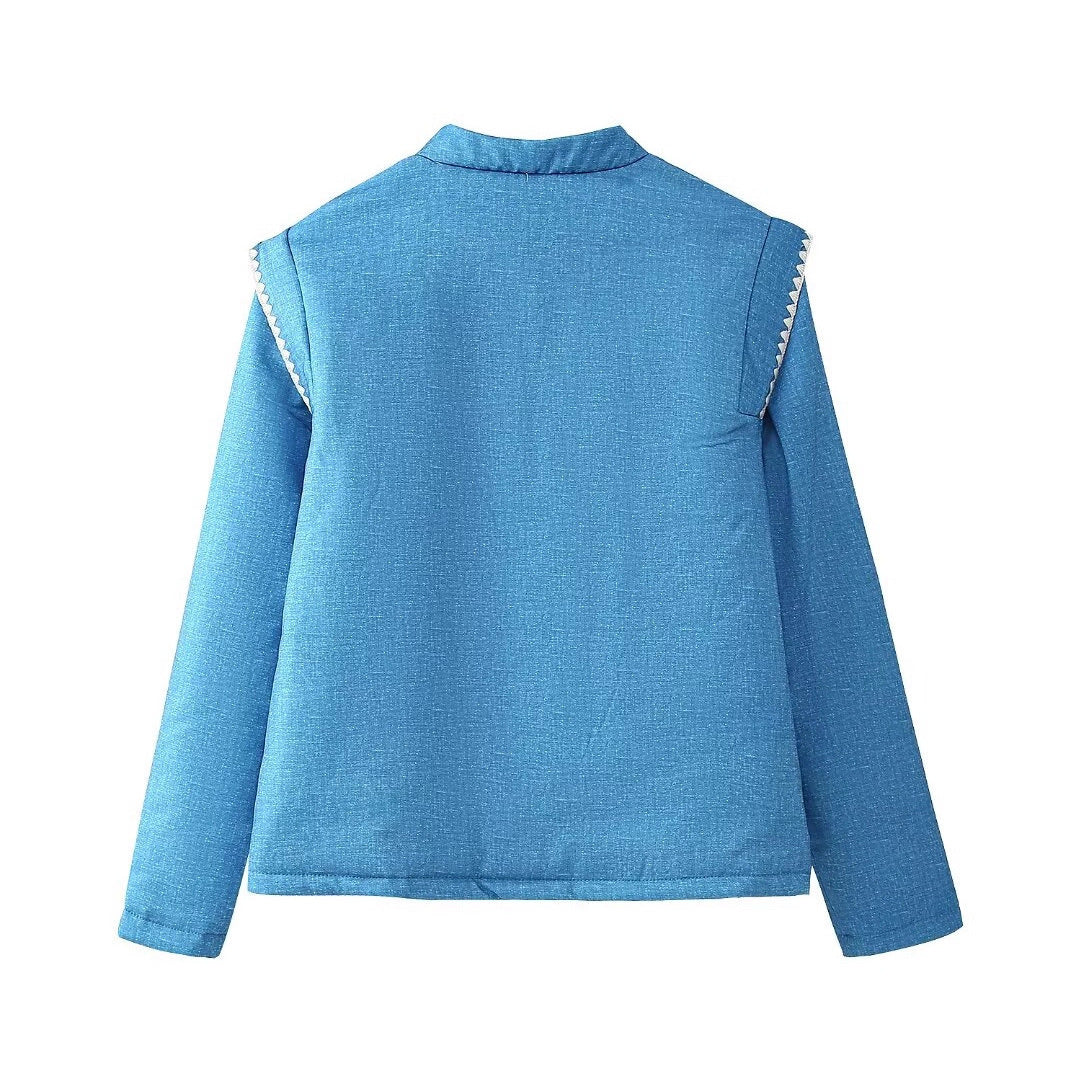 Women Quilted Linen Look Stand Collar Jacket with Folk Chest Embroidery & Patch Pockets Mune Fashion
