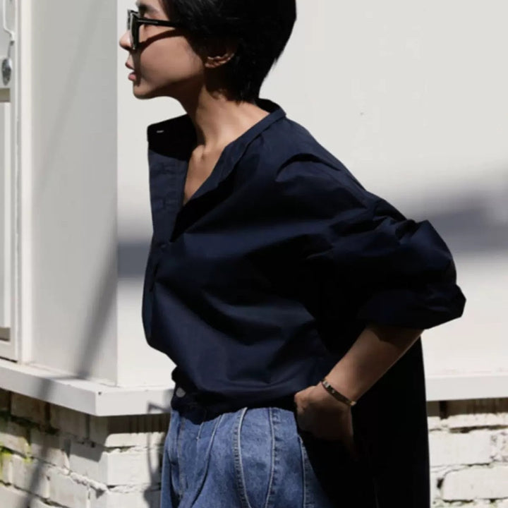 Women Boxy Cotton Blouse with Wide Kent Collar and Casual Fit Mune Fashion