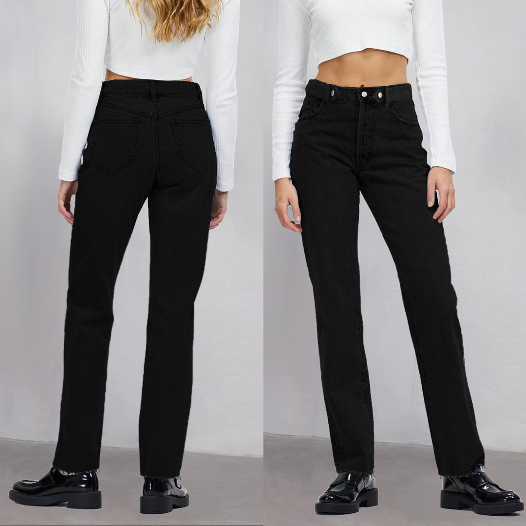 Women high-waisted straight-cut jeans made of rigid denim with raw hem Mune Fashion