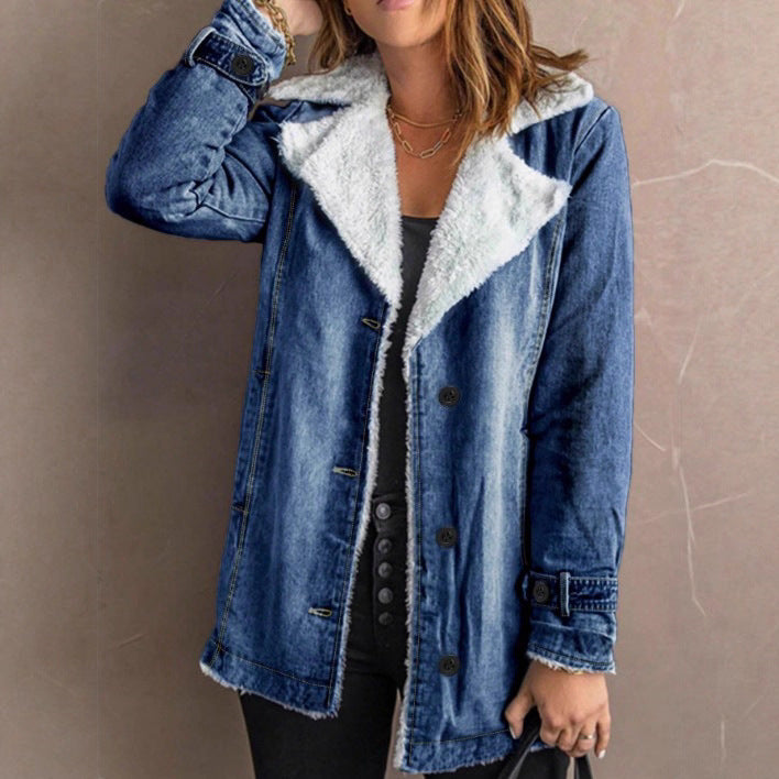 Women's Oversized Denim Jacket with Teddy Lining, Button Placket and Patch Pockets Mune Fashion