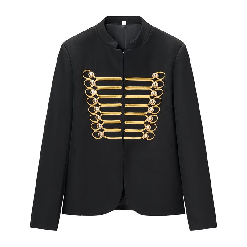 Women Military-Inspired Short Jacket with Stand-Up Collar and Golden Decorative Braid Mune Fashion