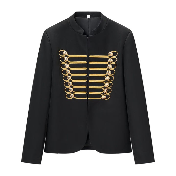 Women Military-Inspired Short Jacket with Stand-Up Collar and Golden Decorative Braid Mune Fashion