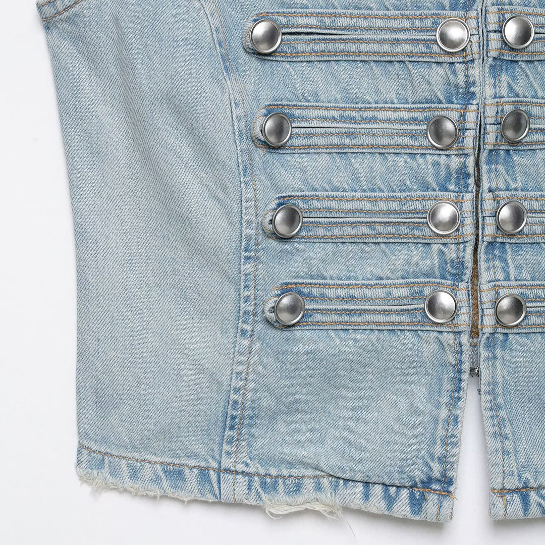 Women's jeans vest in military look with stand-up collar and decorative press stud placket Mune Fashion