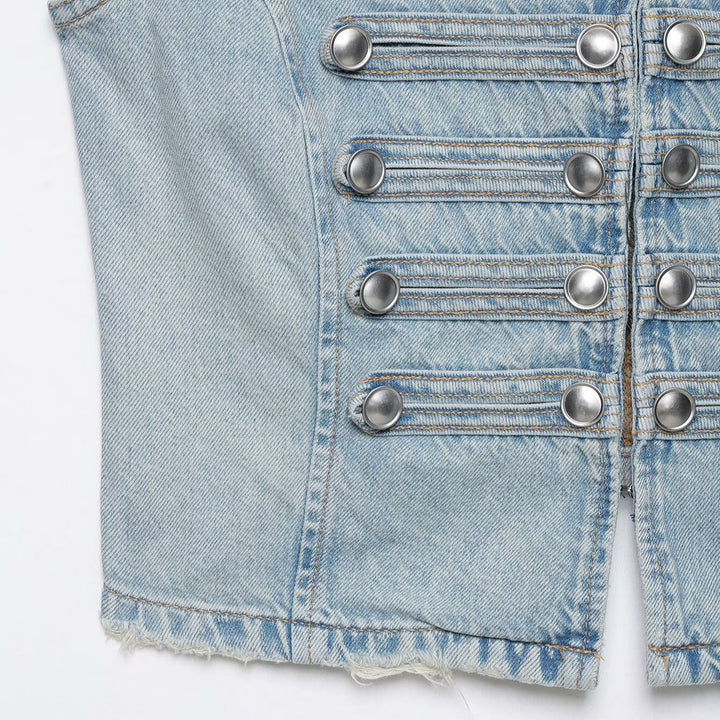 Women's jeans vest in military look with stand-up collar and decorative press stud placket Mune Fashion