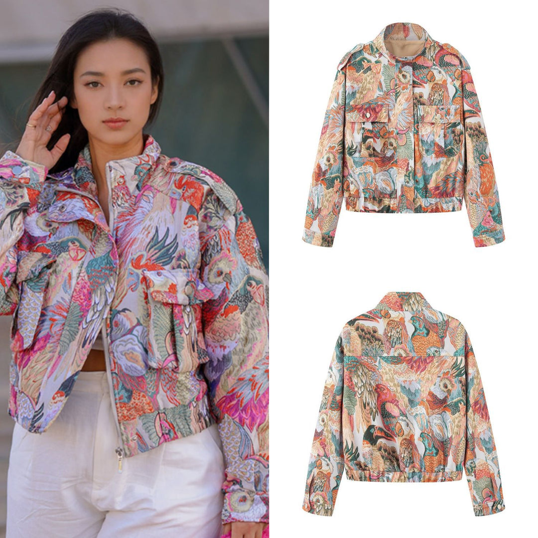 Ladies embroidered bomber jacket with bird motifs and patched pockets Mune Fashion