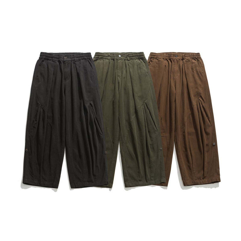 Men's Wide Cropped Canvas Pants in Utility Look with Elastic Waistband and Distinctive Pleats Mune Fashion