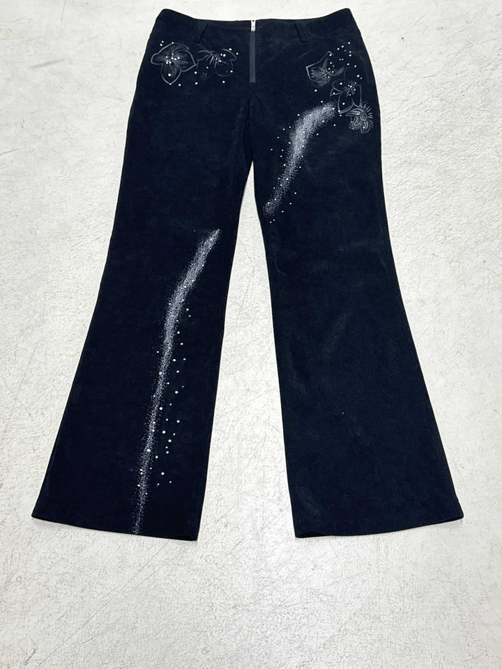 Women’s flared corduroy pants with glitter stripes and floral embroidery, high waistband Mune Fashion