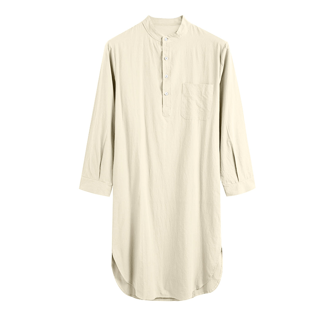 Men's long loose shirt with stand-up collar, chest pocket, and curved hem Mune Fashion