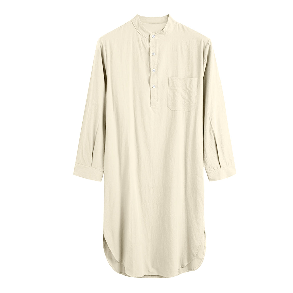 Men's long loose shirt with stand-up collar, chest pocket, and curved hem Mune Fashion