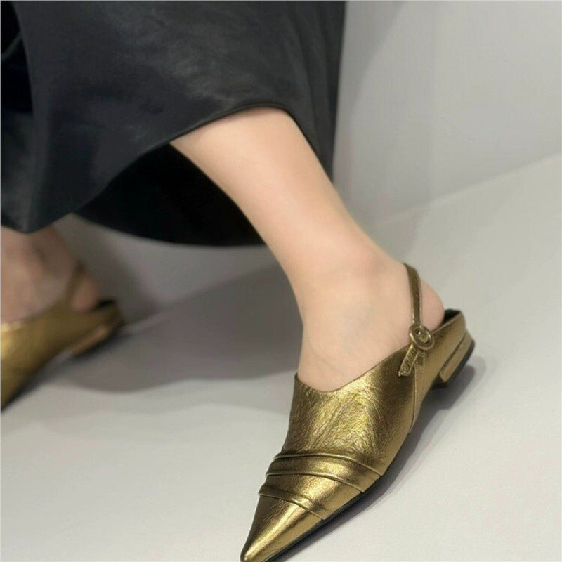 Women's pointed toe slingback mules with decorative strap and ergonomic flat heel Mune Fashion