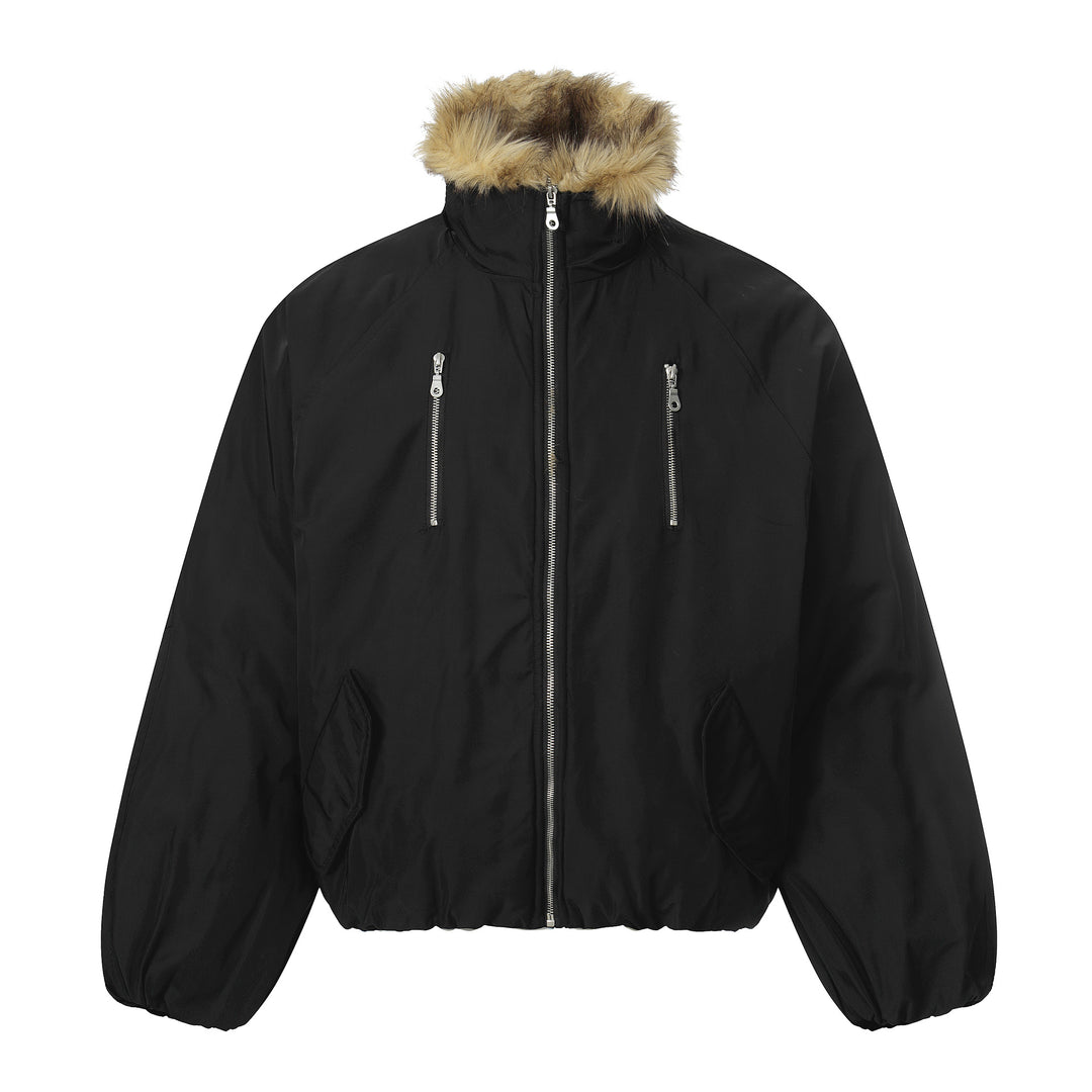 Men's short-cut boxy puffer jacket with faux fur hood and vertical zip pockets Mune Fashion
