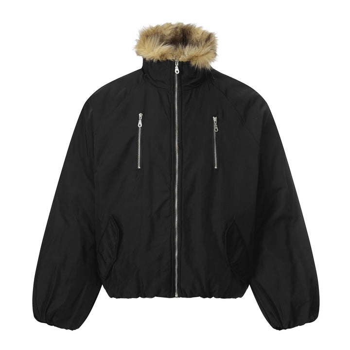 Men's short-cut boxy puffer jacket with faux fur hood and vertical zip pockets Mune Fashion