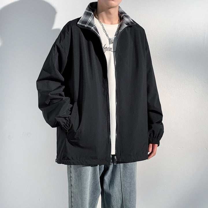 Men's Oversize Utility Transition Jacket with Zipper and Contrasting Checkered Inner Collar Mune Fashion