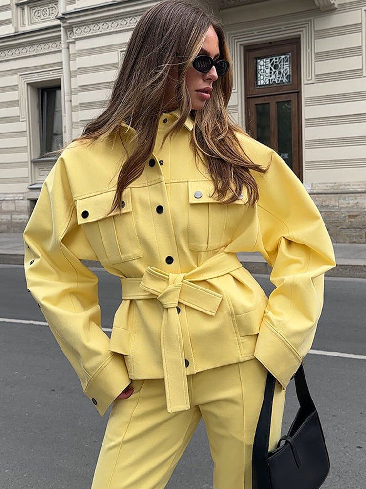 Women's Utility Blazer with Tie Belt and High-Waisted Trousers Mune Fashion