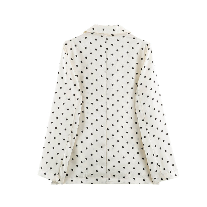 Women Polka Dot Blazer in Linen Look with Lapel Collar and Drawstring