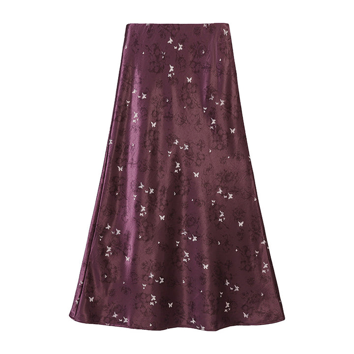 Women's A-line midi skirt in jacquard satin with floral and butterfly reliefs Mune Fashion