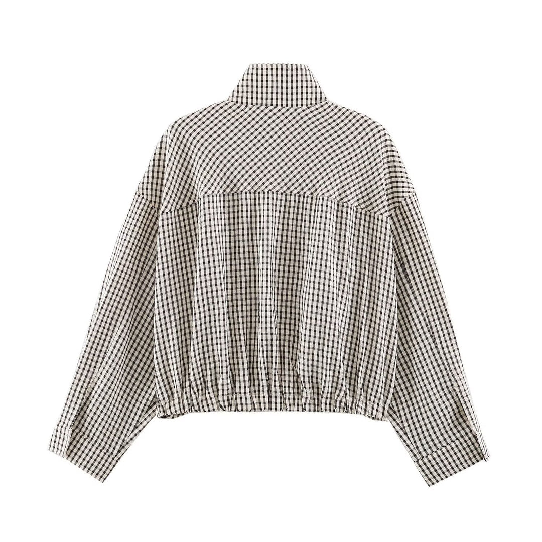Women Check Transitional Jacket in Oversized Cropped Cut with High Stand-Up Collar Mune Fashion