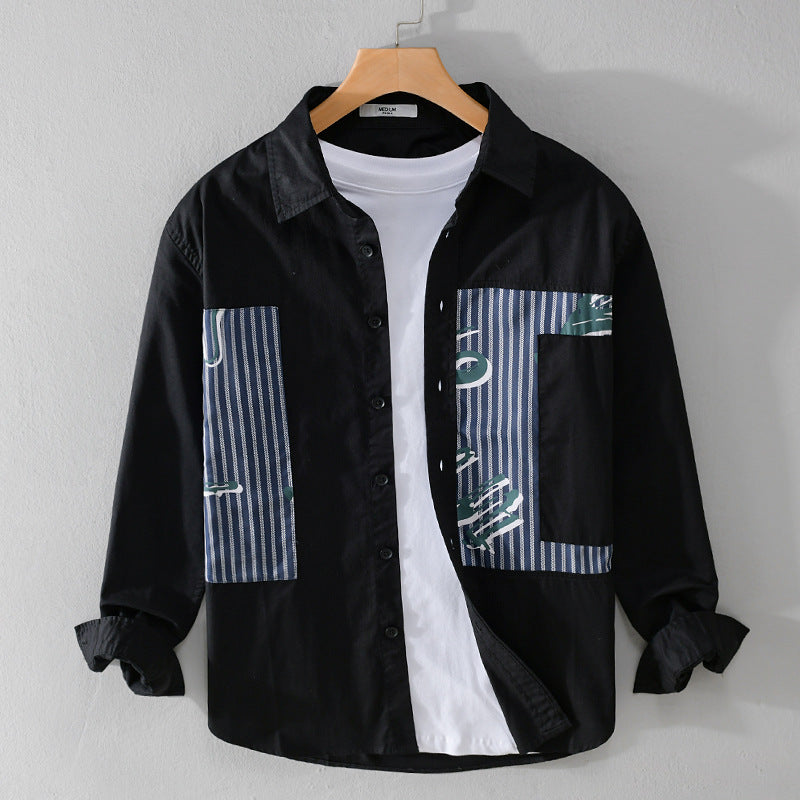 Men's Casual Overshirt made of cotton poplin with striped patch inserts and brush print Mune Fashion
