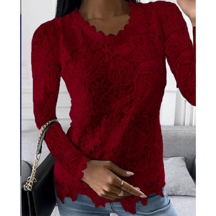 Women's lace top with V-neck, tailored silhouette and romantic wave hem Mune Fashion