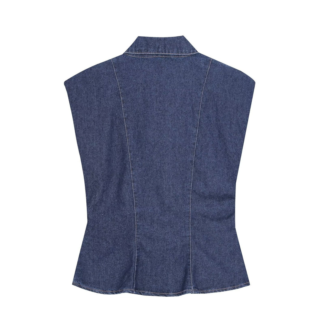 Women's Tailored Denim Set with Sleeveless Shirt Blouse and Wide High-Waist Trousers Drune