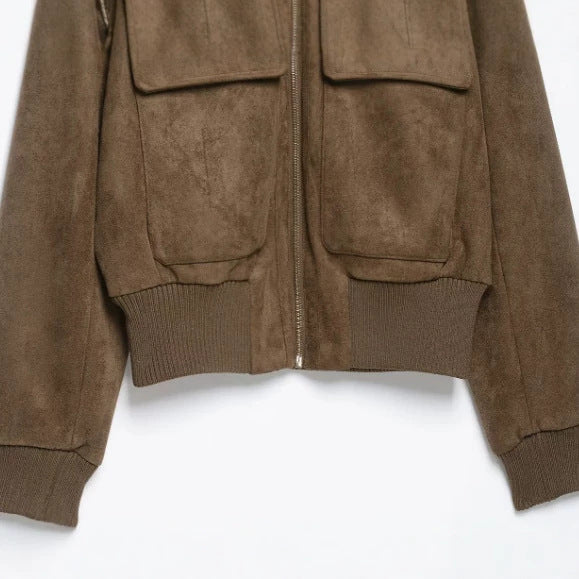 Ladies short-cut suede bomber jacket with ribbed collar and patch flap pockets Mune Fashion