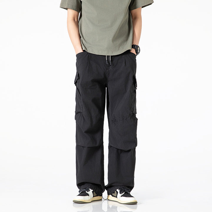 Men's Wide Cargo Pants with Drawstring Waistband, Multi-Functional Pockets and Split Knee Sections Drune