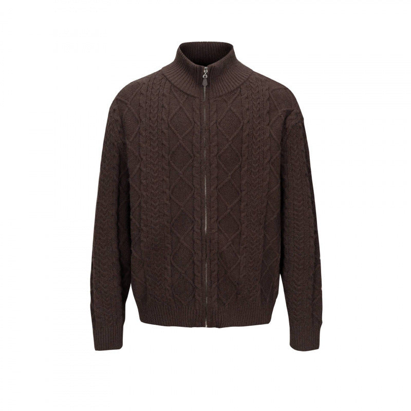 Men's Cable Knit Cardigan with Full Zip and High Ribbed Collar Mune Fashion