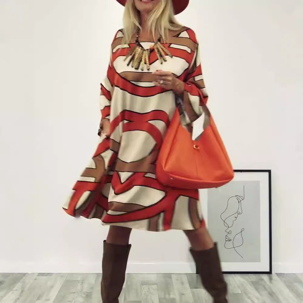 Women's generous swing dress with wide tulip hem, batwing sleeves and graphic all-over pattern Mune Fashion