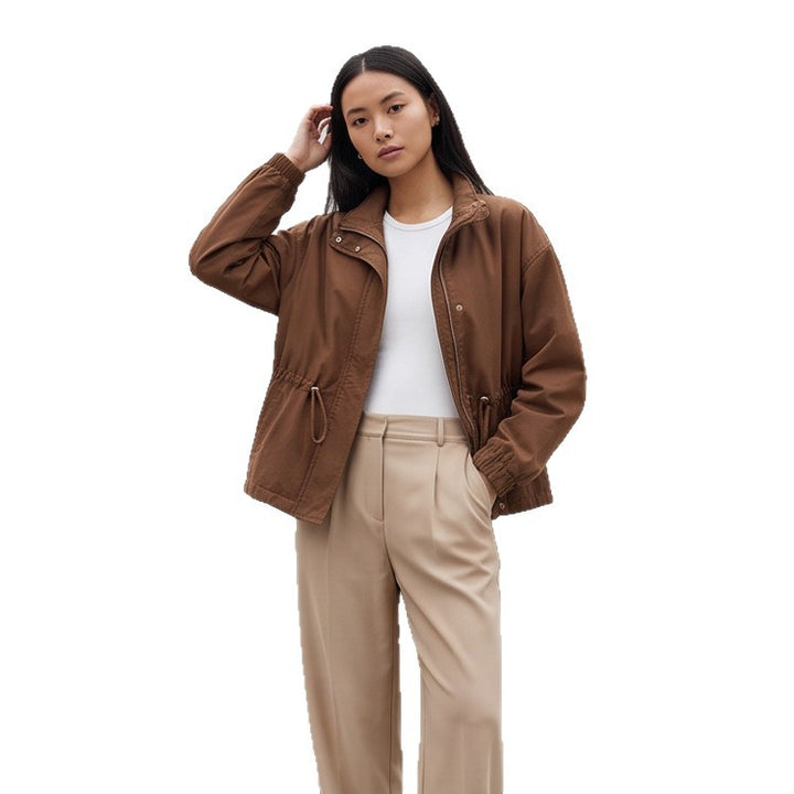 Women's utility field jacket with drawstring waist, high collar, and elastic cuffs Mune Fashion