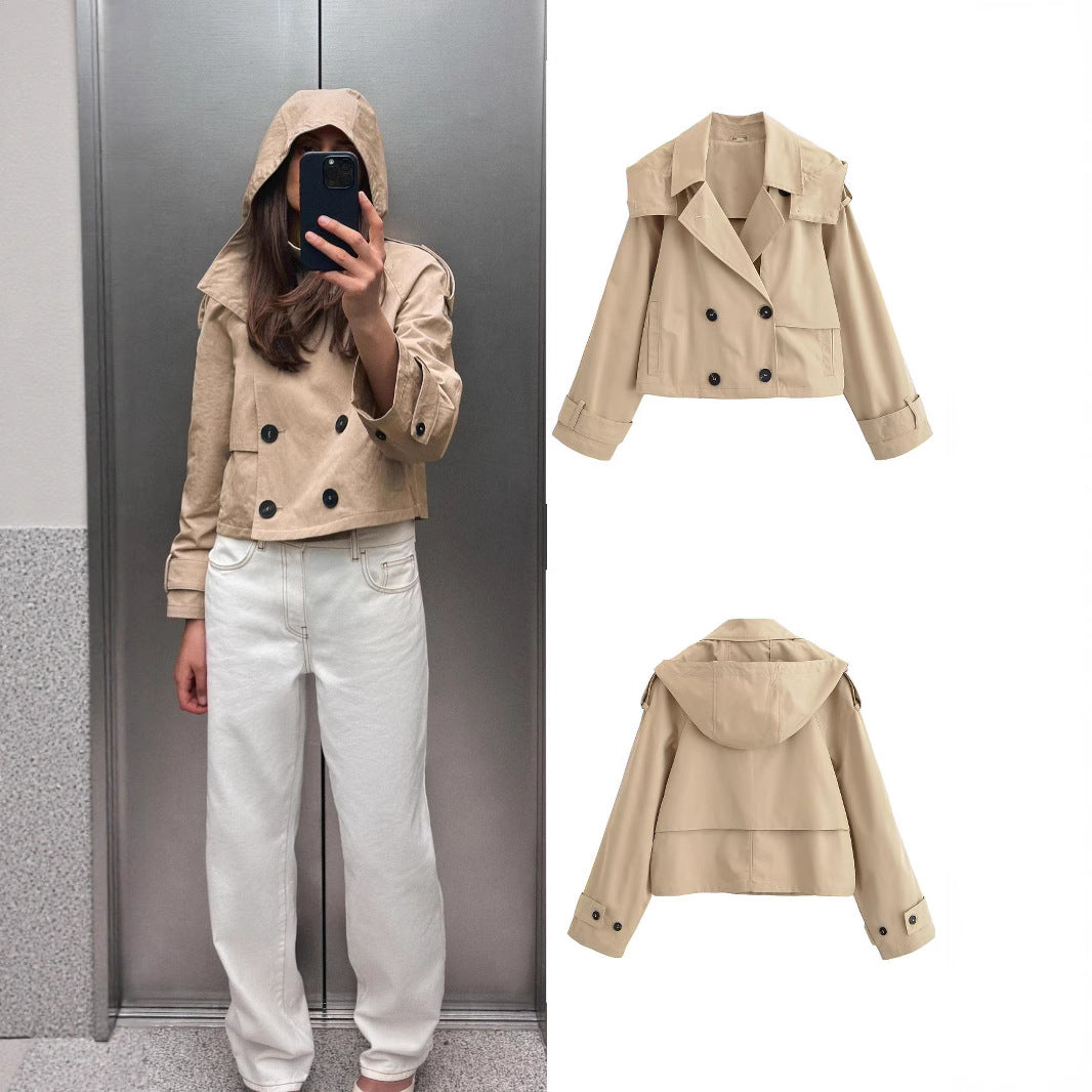 Women short jacket in trench coat style with double-breasted button placket and adjustable cuffs Mune Fashion