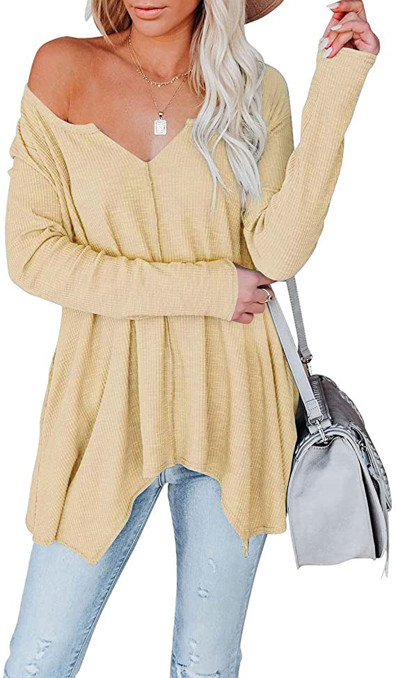 Women's Casual Waffle Knit Tunic Top with V-Neck, Off-Shoulder and Asymmetrical Hem Mune Fashion