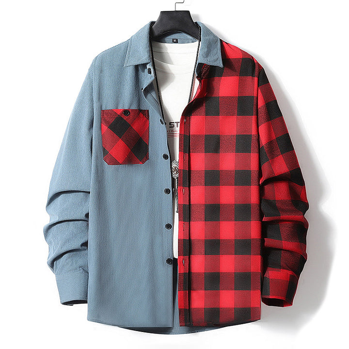 Men's Half-Split Overshirt in Lumberjack Check with Contrasting Solid Side, Chest Pocket, and Continuous Button Placket Mune Fashion