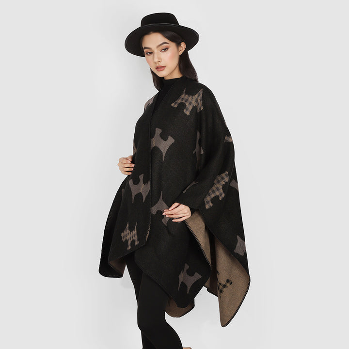 Women Oversized Poncho with jacquard woven Terrier motif and contrasting lining Mune Fashion